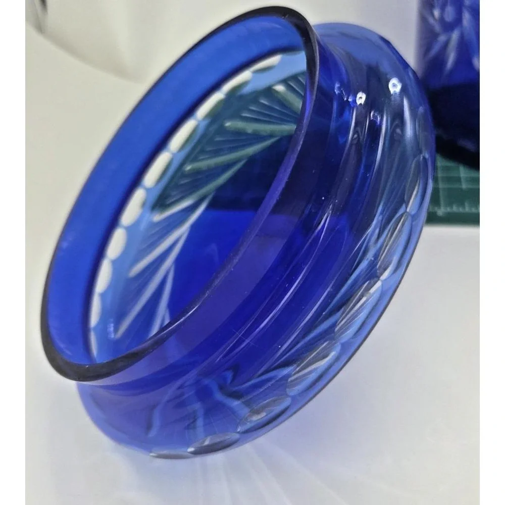 Bohemian Czech Cobalt Blue Cut to Clear‎ Pinwheel Biscuit Cookie Jar Ice Bucket